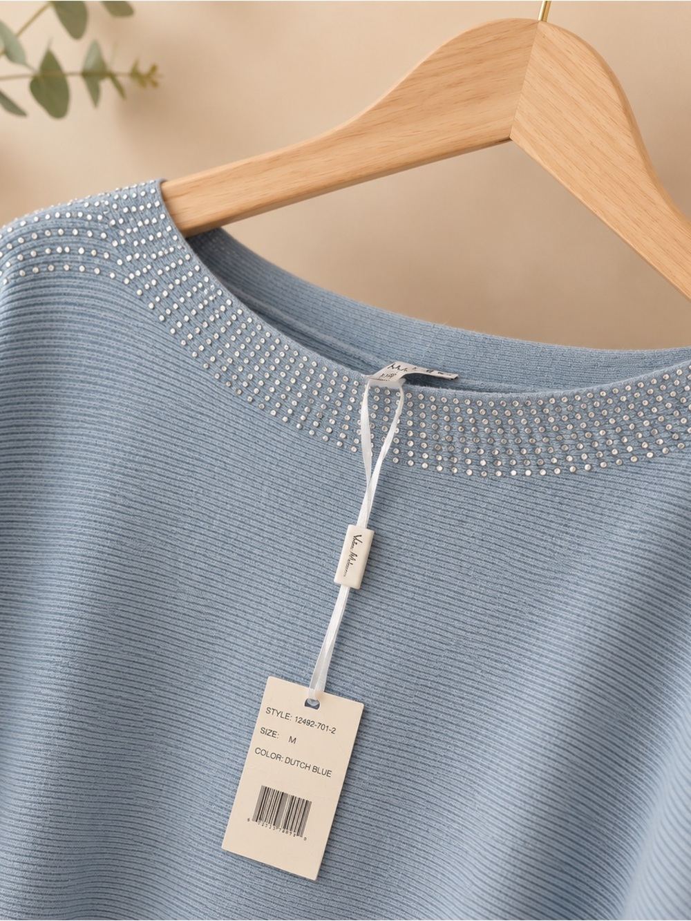 Light Blue Beaded Scoop-Neck Women's  light blue Sweater - Picture 3 of 4